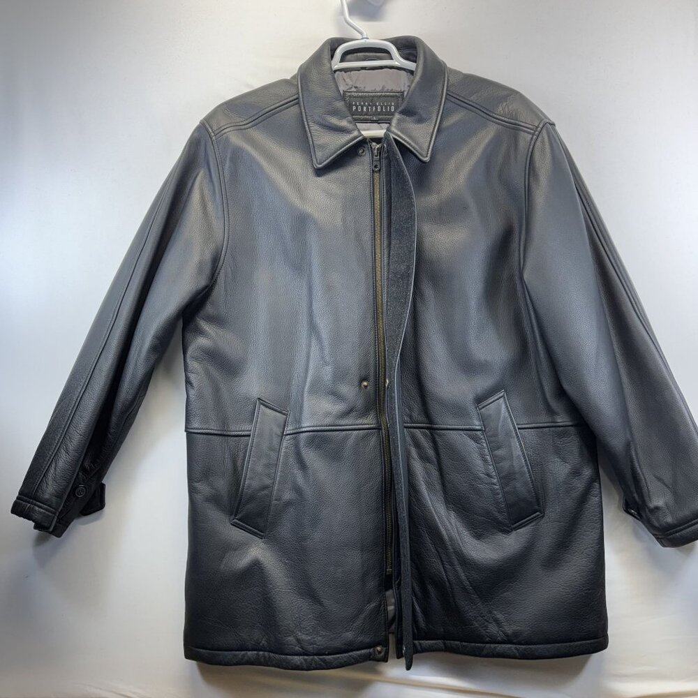 Perry Ellis Black Leather Jacket Mens XL Zipper & Snap Closure Quilted Lining - Picture 4 of 10